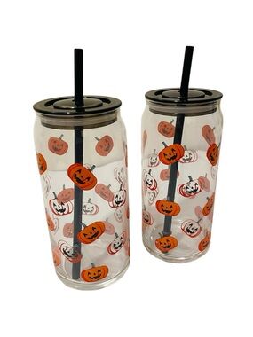 Glass 20oz Can Sipper Halloween Pumpkin - Set of 2